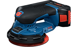 黒い背景に青いボッシュプロフェッショナルのコードレスサンダー。