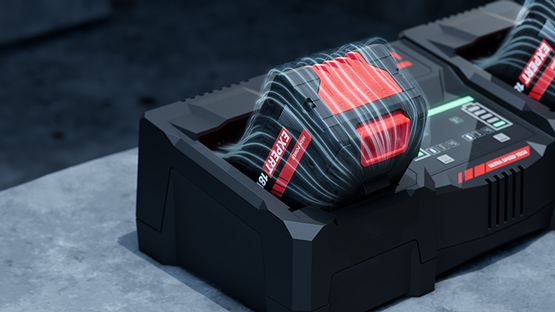 黒い充電器の上にある2つの赤いボッシュプロフェッショナルバッテリー。