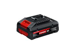 白い背景に赤いディテールがある黒いボッシュExpert 18Vバッテリー。