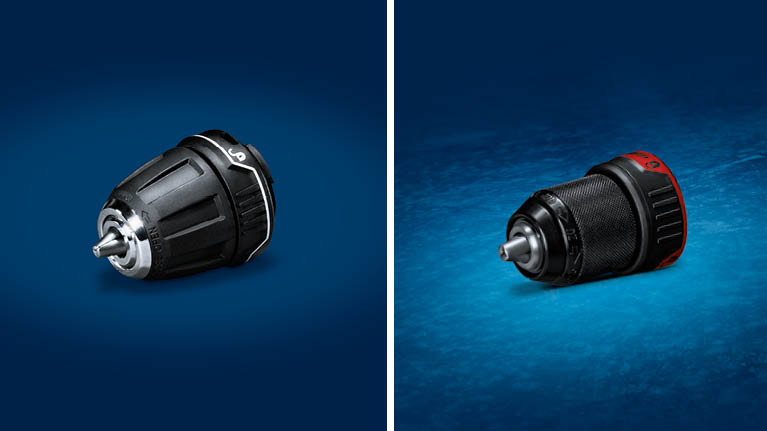 青い背景にある2つのボッシュプロフェッショナルドリルチャック、黒と赤。