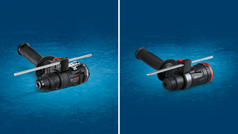 2つのボッシュプロフェッショナルドリルが青い背景の上にあり、スケールがあります。