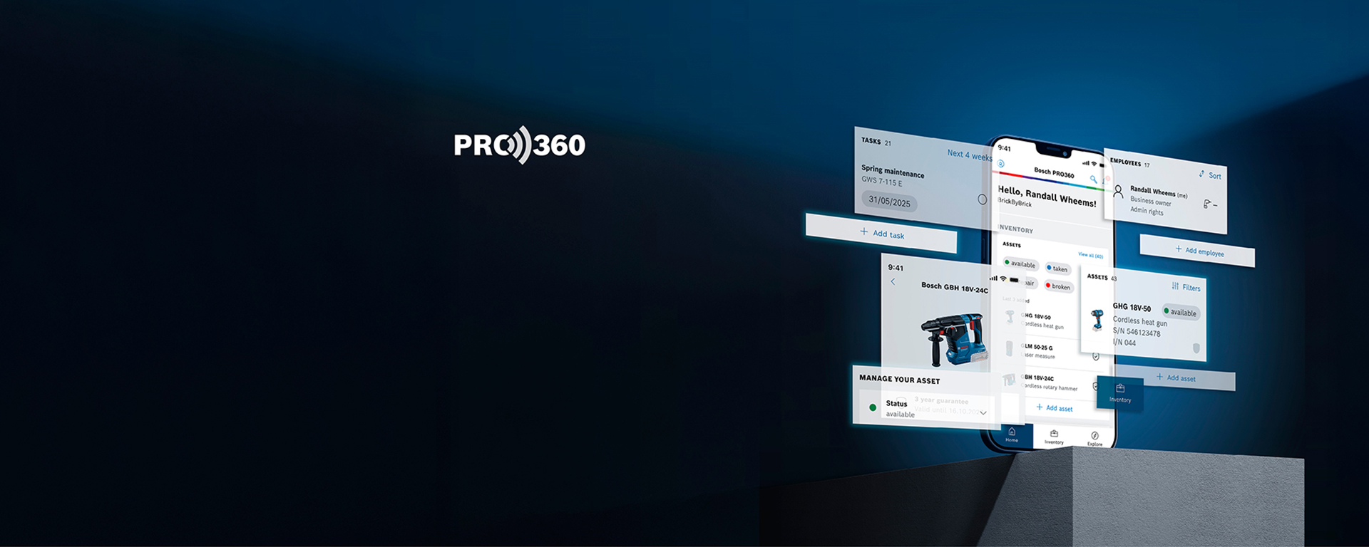 スマートフォンが明るい背景に工具情報を表示したBosch Professionalアプリを示しています。