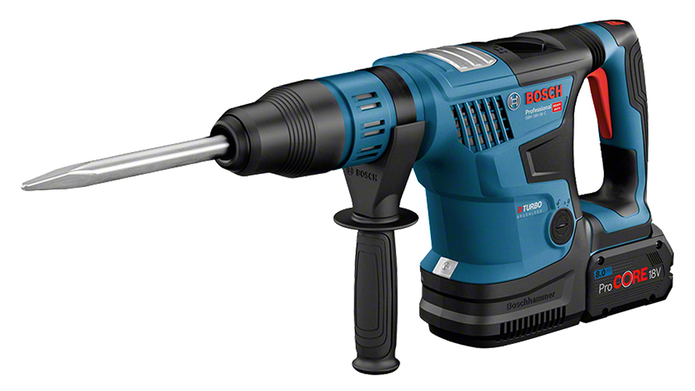 青いボッシュプロフェッショナルのコードレスハンマー、銀色の先端、頑丈なデザイン。