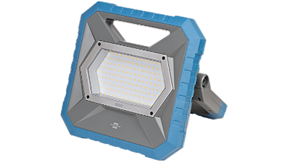 青いボッシュプロフェッショナルLEDスポットライトがテーブルの上にあります。