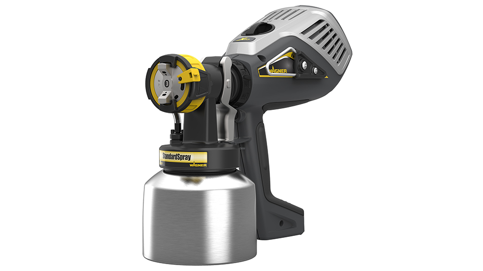 銀色の塗料を持つ灰色のWagner StandardSprayペイントスプレイヤー。