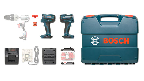 2つのボッシュプロフェッショナルのコードレスドライバーと1つのケースがテーブルの上にあります。