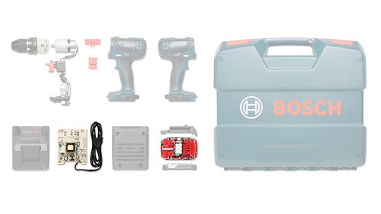 ボッシュプロフェッショナルツールケース、2つのコードレスドライバーとアクセサリー付き。
