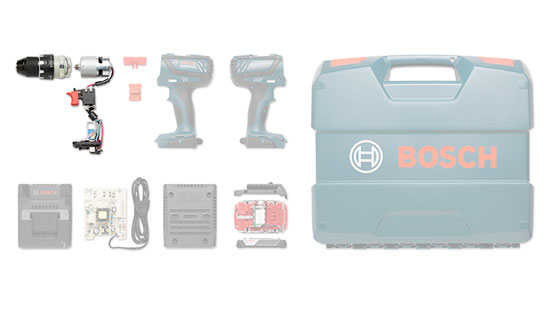 ボッシュプロフェッショナルの工具ケース、コードレスドリルとアクセサリー付き。