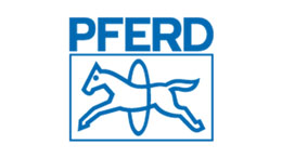 PFERDのロゴ、スタイライズされた馬と青い文字。