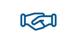 2つのスタイライズされた手が青い輪郭の絵で握手しています。